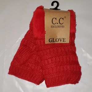 Solid Red Fingerless Gloves With Sherpa Lining